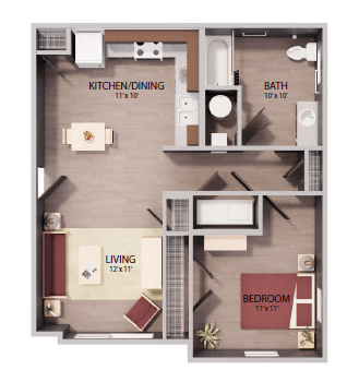 Floor plan for 1 bed, 1 bath, 385 sqft